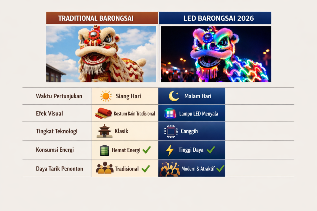 Tabel perbandingan Barongsai tradisional versus Barongsai LED 2026 menunjukkan perbedaan teknologi, waktu pertunjukan, dan efek visual