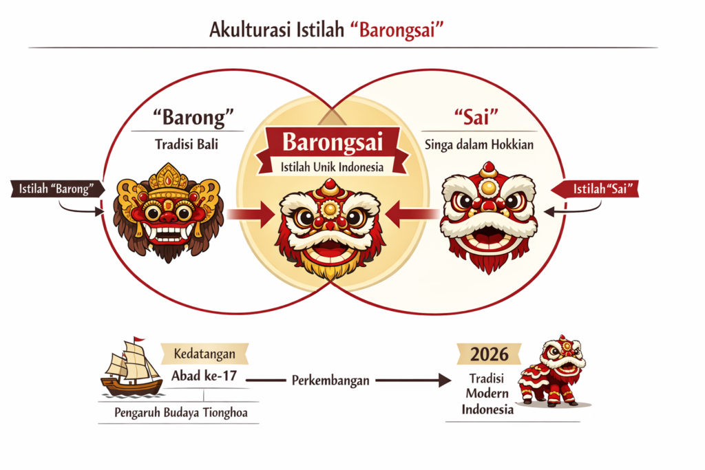 Diagram akulturasi budaya menjelaskan asal-usul istilah Barongsai dari gabungan Barong Indonesia dan Sai Tiongkok sebagai warisan budaya tak benda Indonesia