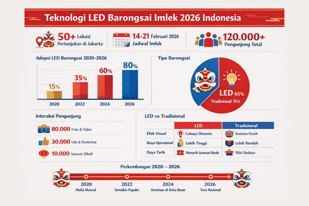 Infografis data statistik dan tren Barongsai LED di Jakarta Imlek 2026 menampilkan lebih dari 50 lokasi pertunjukan dan jadwal lengkap