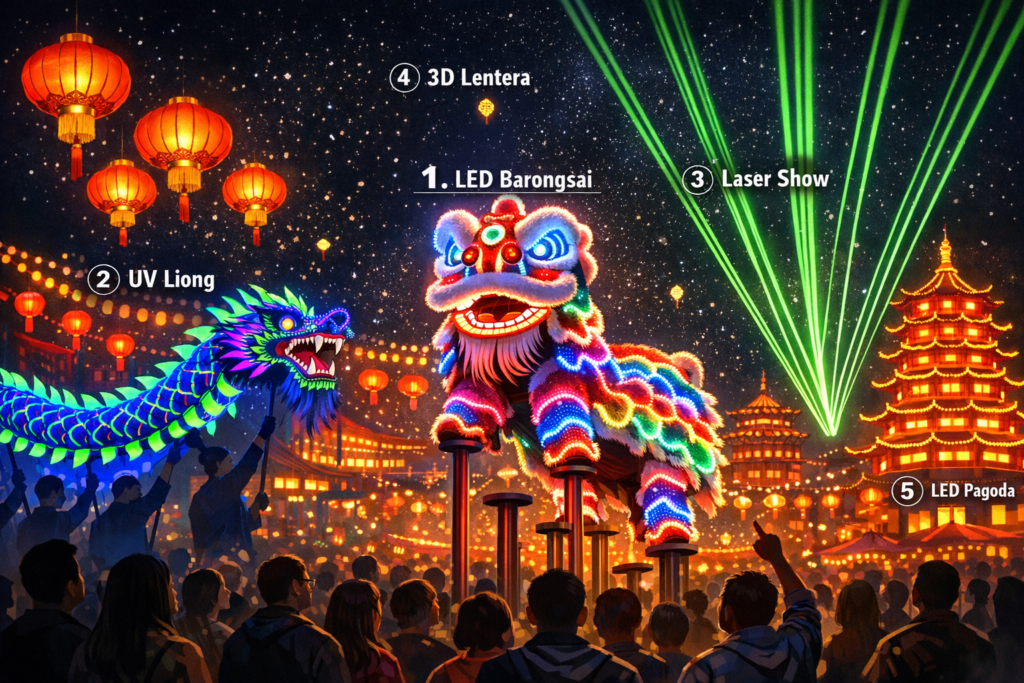 Integrasi teknologi pencahayaan LED, UV, dan laser show dalam perayaan Imlek Nusantara 2026 menampilkan inovasi modern dalam tradisi
