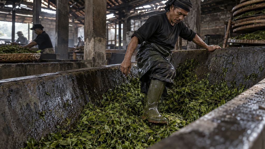 Pekerja pabrik teh tradisional di Garut menggunakan sepatu bot khusus untuk menginjak daun teh hijau segar di atas wadah semen miring.