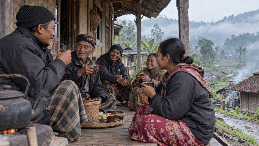 Sekelompok warga Desa Cigedug duduk bersama di beranda rumah kayu, menikmati teh kejek panas untuk menghangatkan badan.