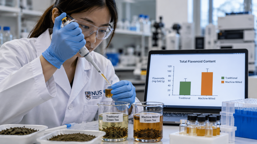 Peneliti laboratorium universitas sedang menguji sampel seduhan teh kejek untuk membandingkan kadar fenolik dan flavonoid.