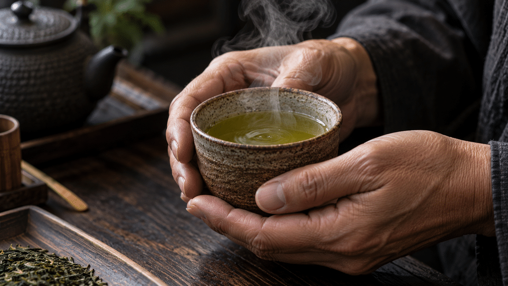 Tampilan jarak dekat (close-up) sepasang tangan yang sedang memutar cangkir tanah liat berisi teh panas sebelum menghirup aromanya.
