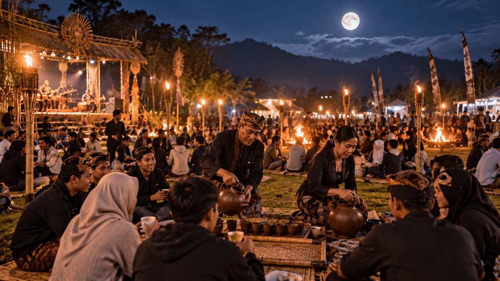 Keramaian malam hari saat Festival Nyaneut di Garut, diterangi cahaya bulan purnama dan lampu obor bambu.