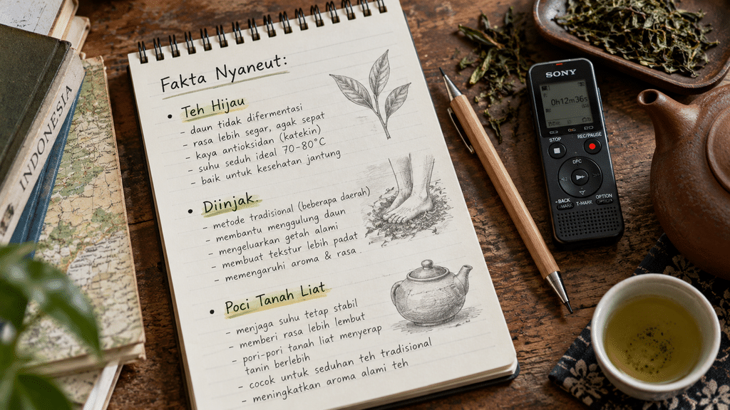 Buku catatan jurnalis yang berisi tulisan tangan mengenai tujuh fakta kunci tradisi Nyaneut dan teh kejek.