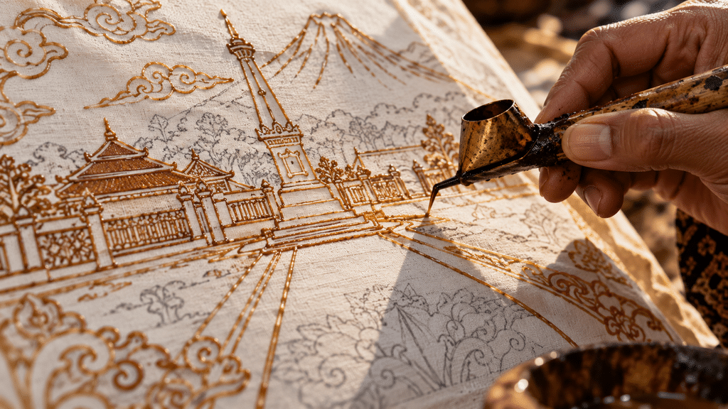 Detail makro goresan lilin malam pada kain mori yang menggambarkan sketsa motif Sumbu Filosofi Yogyakarta Tugu hingga Keraton.