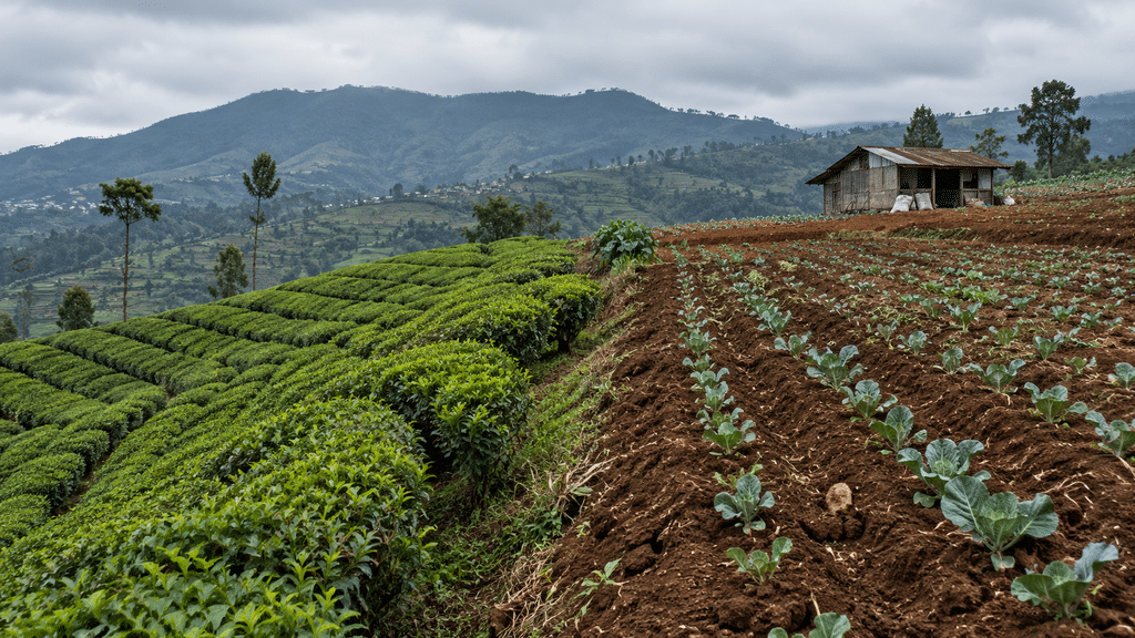 Lanskap yang menunjukkan batas tegas antara kebun teh yang menyusut dan lahan yang telah dialihfungsikan menjadi perkebunan sayur.