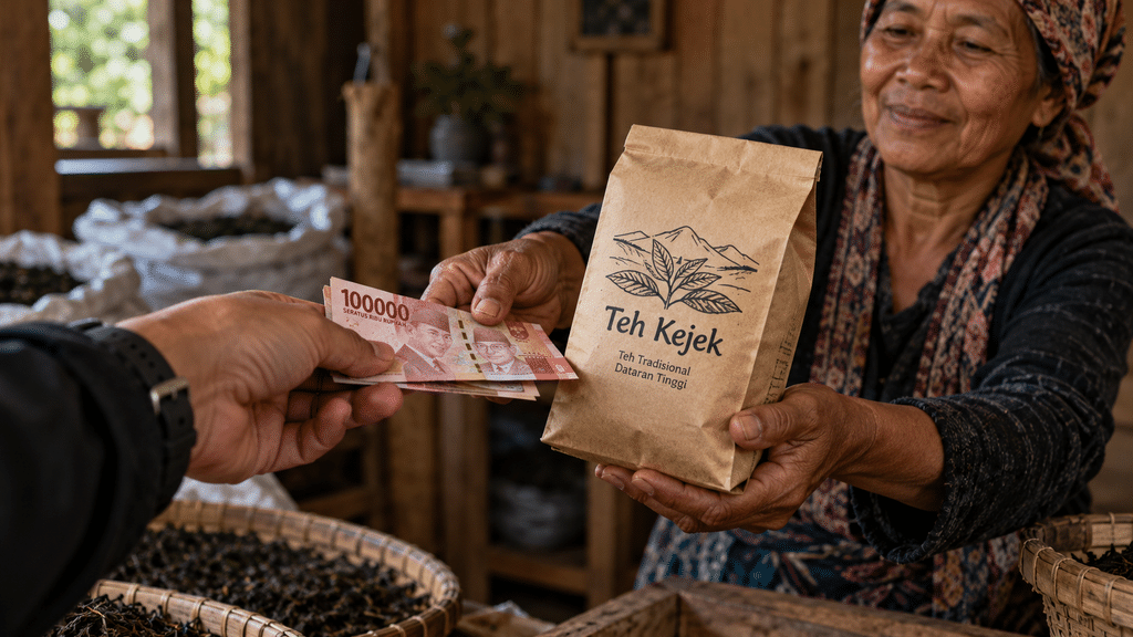 Seseorang melakukan transaksi pembelian teh kejek tradisional yang dikemas sederhana langsung dari tangan pengrajin lokal.