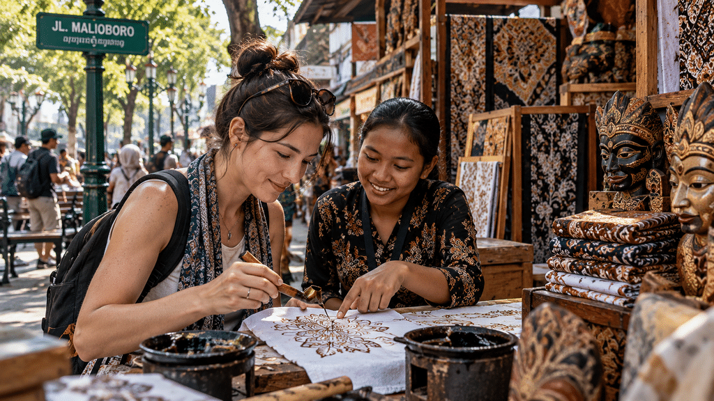 Wisatawan muda dan keluarga mencoba mencanting langsung di stan edukasi batik dan stan pameran UMKM Malioboro.