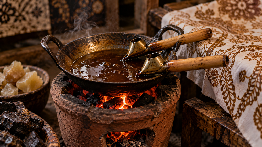 Still life artistik wajan tanah liat berisi malam mendidih dan canting tembaga di atas tungku arang tradisional warisan budaya dunia.