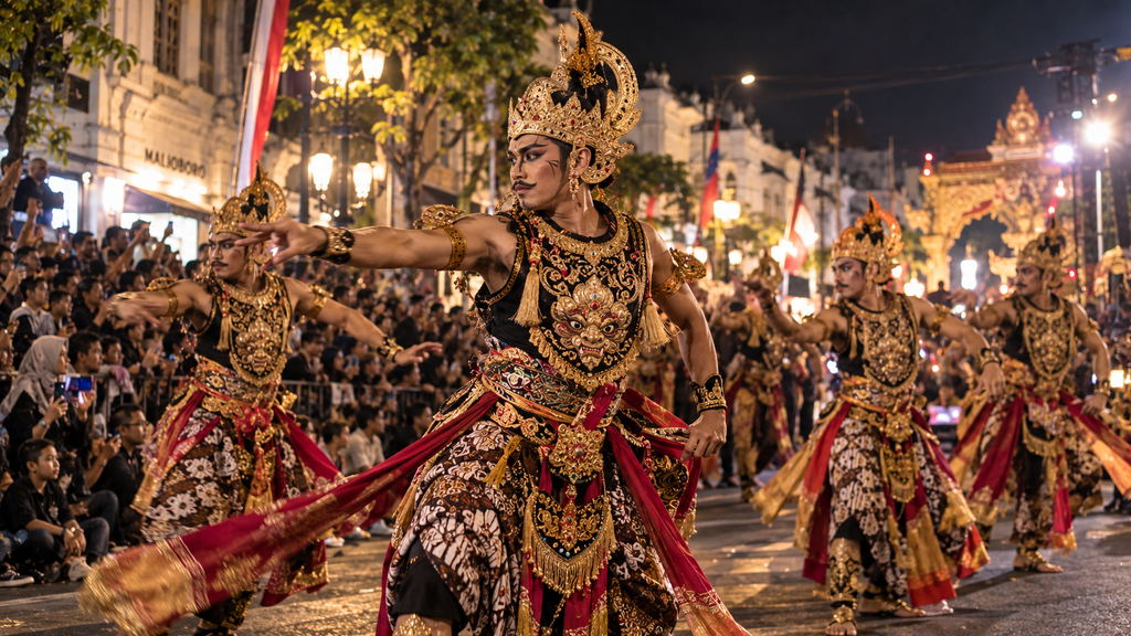 Iring-iringan kostum wayang raksasa dengan pencahayaan dramatis dalam agenda festival budaya HUT ke-270 Kota Yogyakarta.